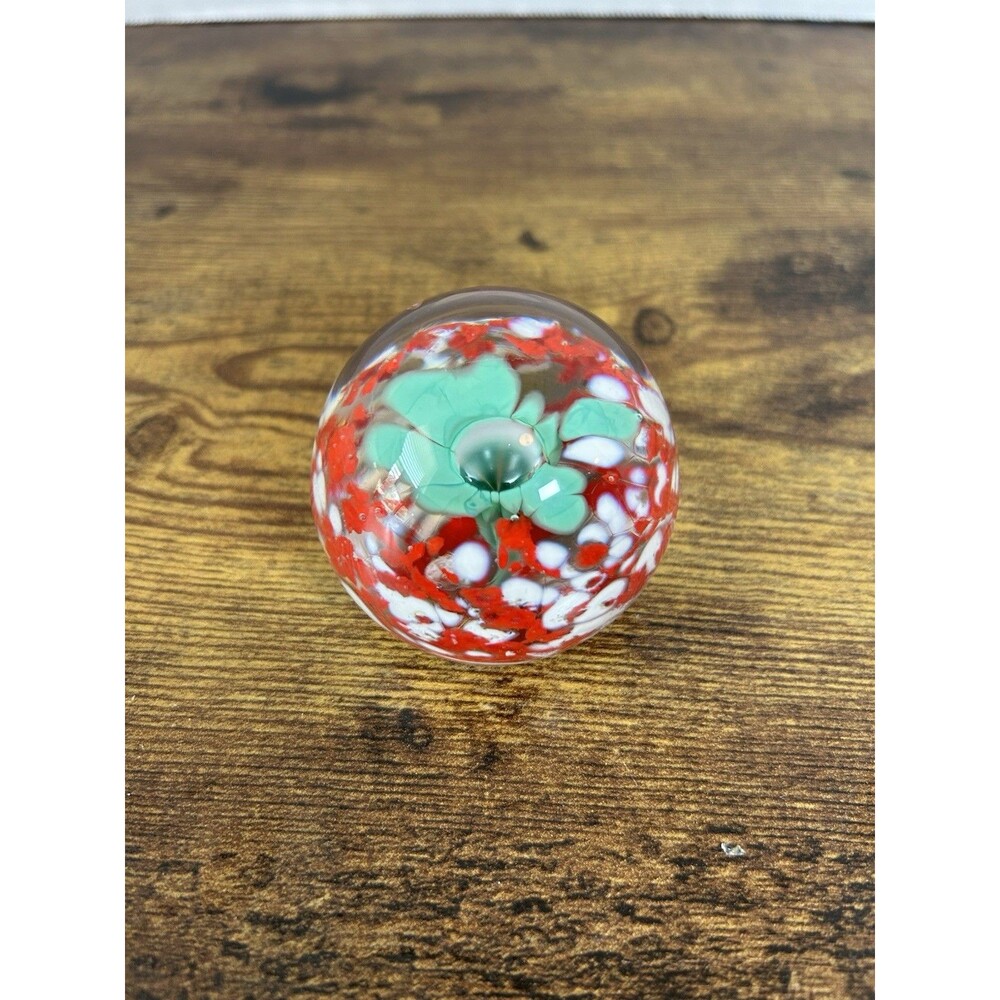 Vintage Art Glass Paperweight Floral Millefiori Red White Green Flower Orb Ball - Picture 3 of 10